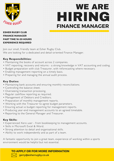 Bookkeeper Job Advert Example Esher Rugby