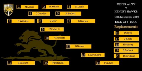 Change to Esher 1st XV line up to face Henley Hawks - Saturday 16th November