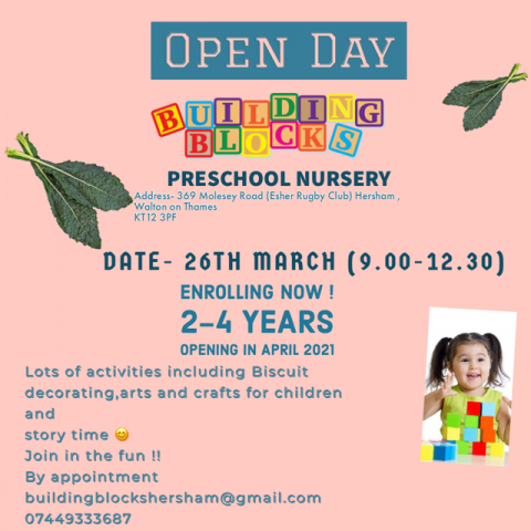 Building Blocks Preschool Nursery Open Day 26th March                                                              
(by appointment only - pre-book your appointment now)