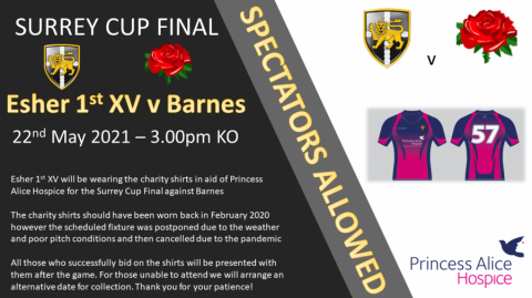 Surrey Cup Final - Esher 1st XV to wear Princess Alice Hospice charity shirts against Barnes on Saturday